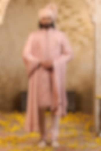 Cherry Blossom Pink Raw Silk Embroidered Groom Sherwani Set by NAMAN AHUJA at Pernia's Pop Up Shop