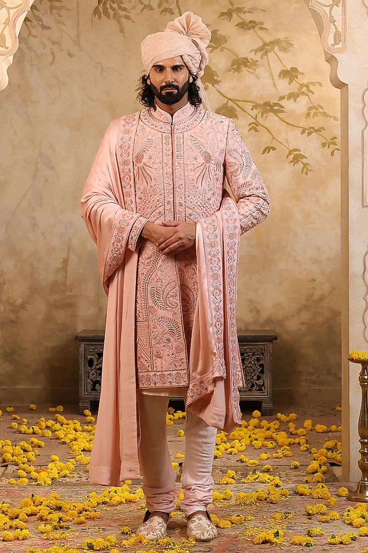 Cherry Blossom Pink Raw Silk Embroidered Groom Sherwani Set by NAMAN AHUJA at Pernia's Pop Up Shop