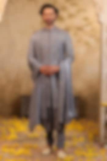 Blue Grey Linen Silk Embroidered Groom Sherwani Set by NAMAN AHUJA at Pernia's Pop Up Shop