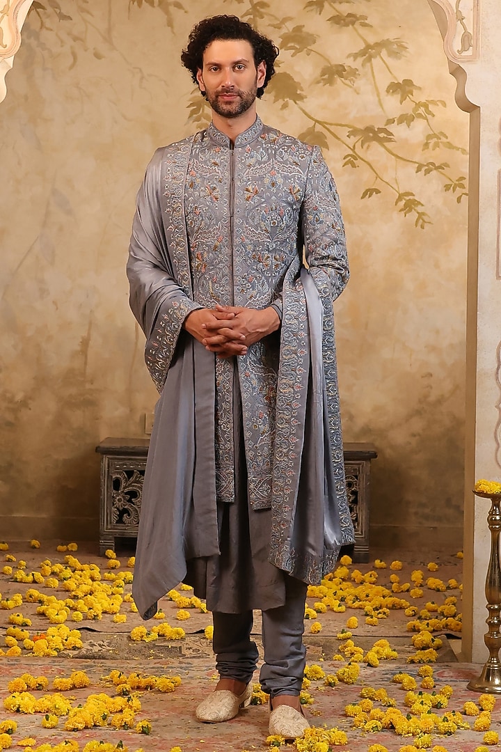Blue Grey Linen Silk Embroidered Groom Sherwani Set by NAMAN AHUJA at Pernia's Pop Up Shop