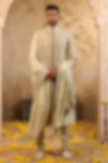 Mint Green Raw Silk Embroidered Groom Sherwani Set by NAMAN AHUJA at Pernia's Pop Up Shop