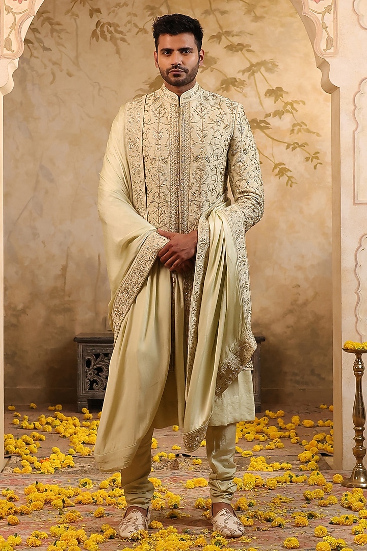 Mint Green Raw Silk Embroidered Groom Sherwani Set by NAMAN AHUJA at Pernia's Pop Up Shop