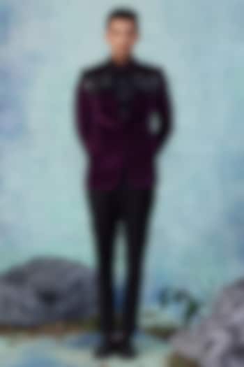 Wine Velvet Embroidered Tuxedo Set by NAMAN AHUJA at Pernia's Pop Up Shop