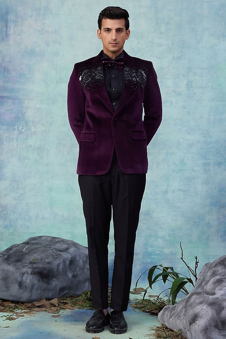 Wine Velvet Embroidered Tuxedo Set by NAMAN AHUJA at Pernia's Pop Up Shop