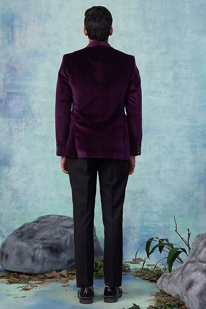 Wine Velvet Embroidered Tuxedo Set by NAMAN AHUJA at Pernia's Pop Up Shop