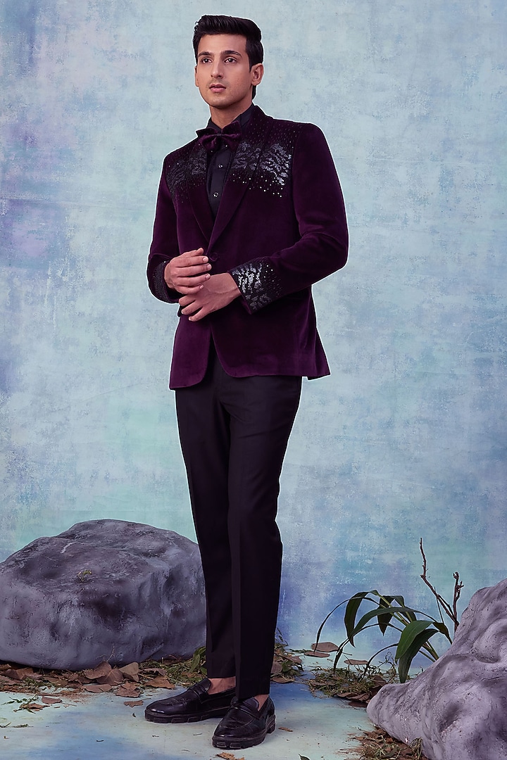 Wine Velvet Embroidered Tuxedo Set by NAMAN AHUJA at Pernia's Pop Up Shop