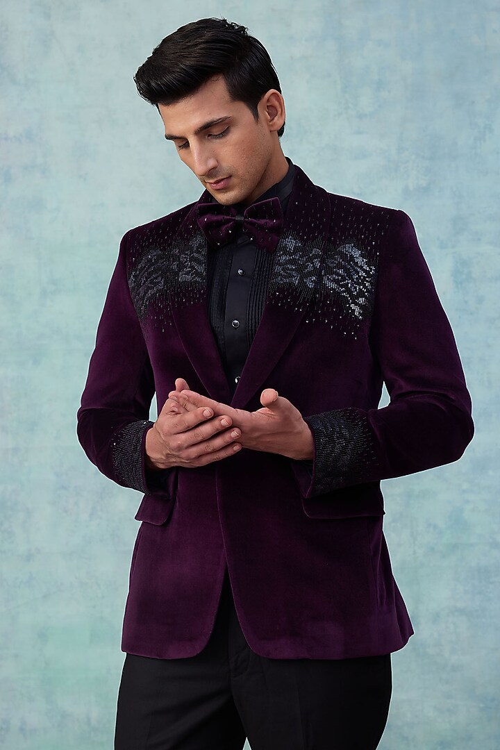 Wine Velvet Embroidered Tuxedo Set by NAMAN AHUJA at Pernia's Pop Up Shop