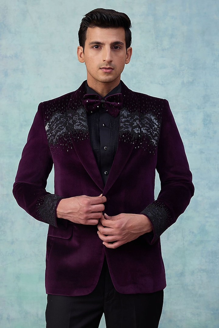 Wine Velvet Embroidered Tuxedo Set by NAMAN AHUJA at Pernia's Pop Up Shop