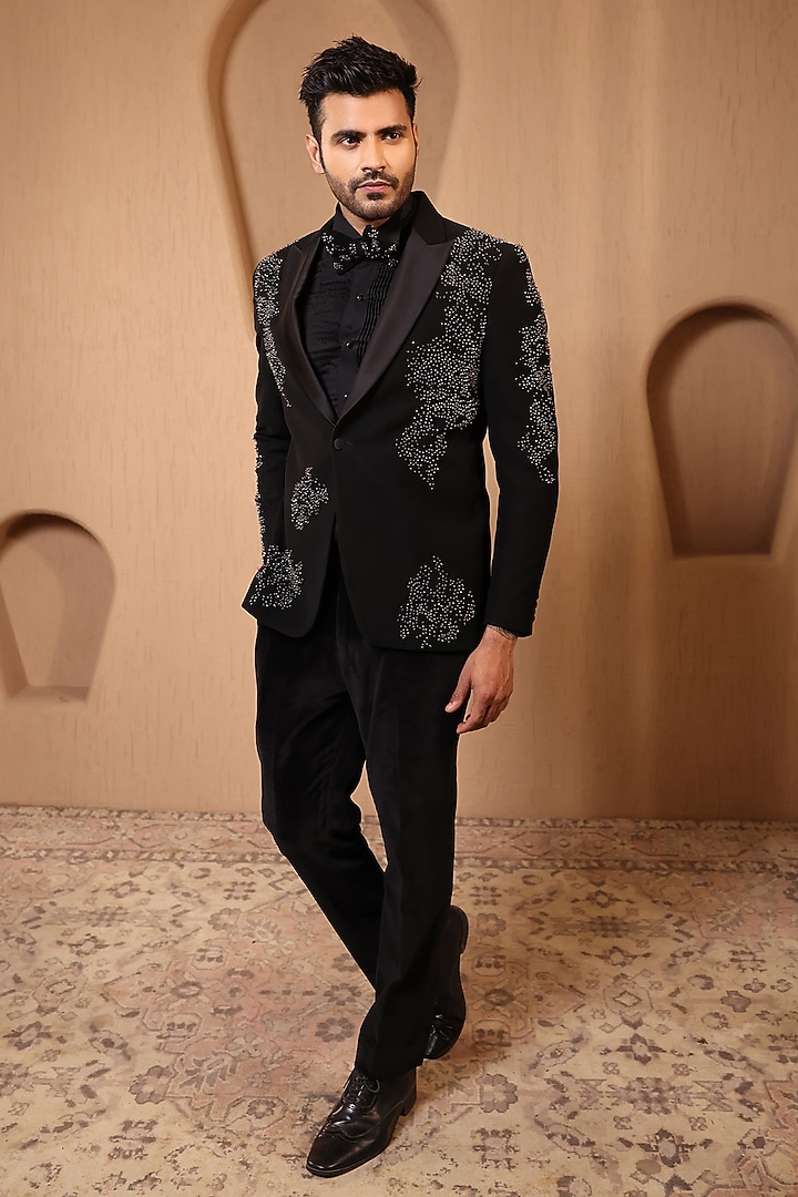 Black Suiting Embroidered Tuxedo Set by NAMAN AHUJA at Pernia's Pop Up Shop