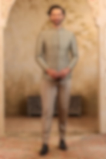 Green Dupion Silk French Knot Embroidered Wedding Bandhgala Set by NAMAN AHUJA at Pernia's Pop Up Shop