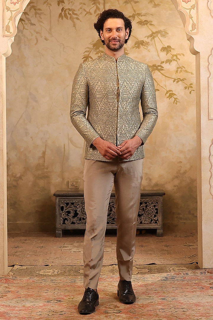 Green Dupion Silk French Knot Embroidered Wedding Bandhgala Set by NAMAN AHUJA at Pernia's Pop Up Shop