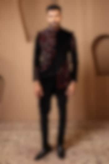 Black Velvet Embroidered Wedding Bandhgala Set by NAMAN AHUJA at Pernia's Pop Up Shop