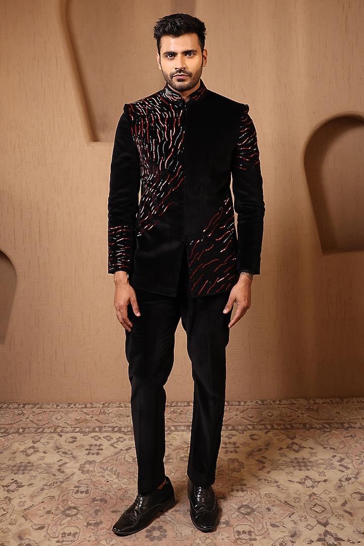 Black Velvet Embroidered Wedding Bandhgala Set by NAMAN AHUJA at Pernia's Pop Up Shop