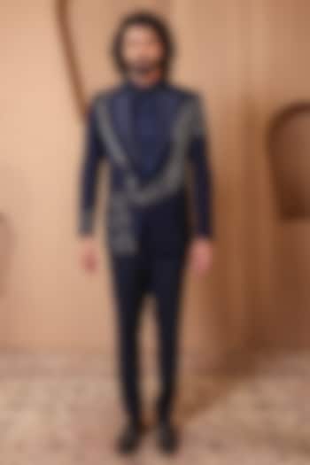 Navy Blue Suiting Embroidered Tuxedo Set by NAMAN AHUJA at Pernia's Pop Up Shop