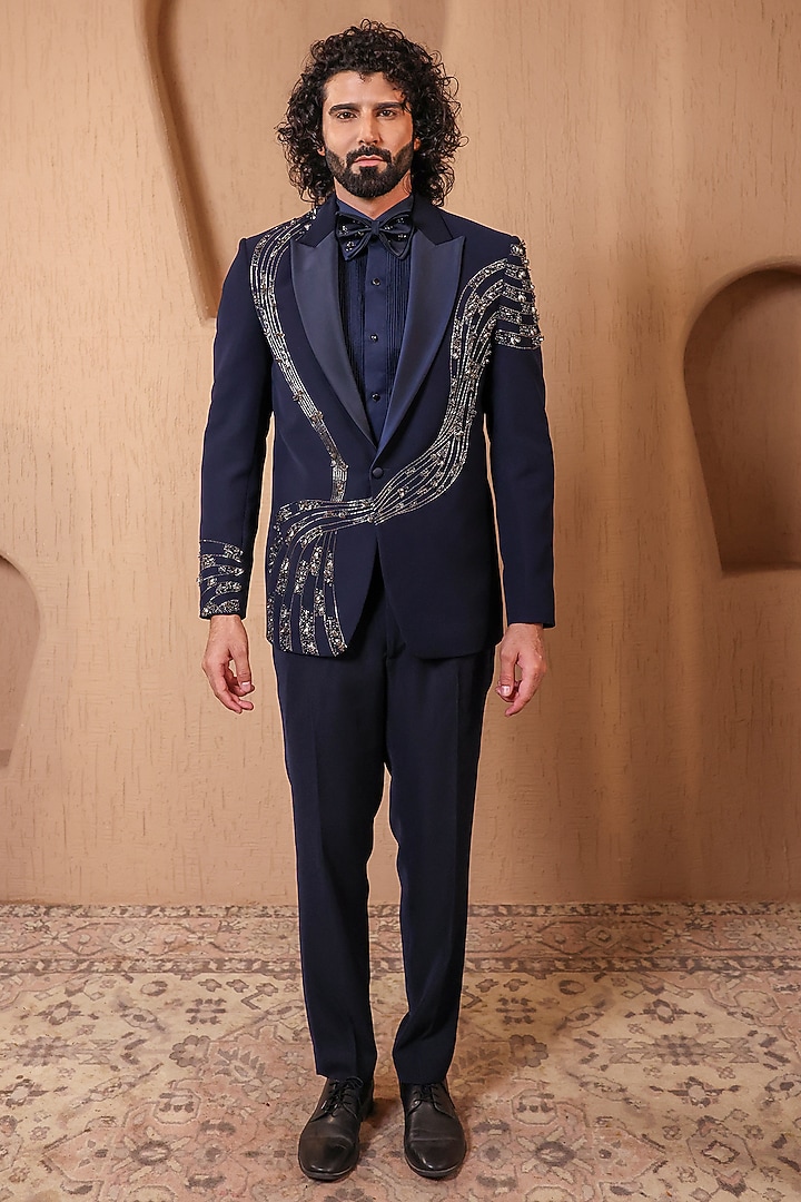 Navy Blue Suiting Embroidered Tuxedo Set by NAMAN AHUJA at Pernia's Pop Up Shop