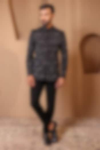 Black Jacquard Embroidered Wedding Bandhgala Set by NAMAN AHUJA at Pernia's Pop Up Shop