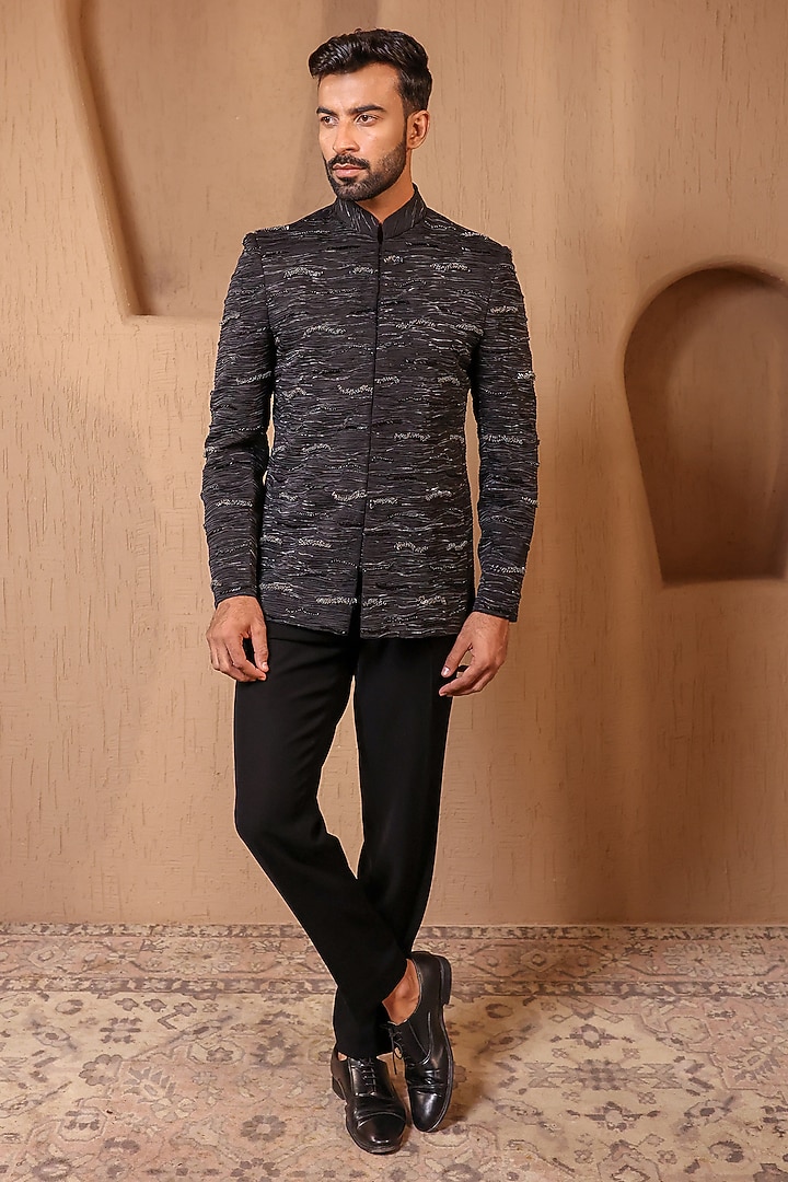 Black Jacquard Embroidered Wedding Bandhgala Set by NAMAN AHUJA at Pernia's Pop Up Shop