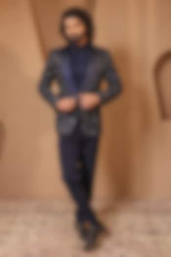Blue Jacquard Embroidered Tuxedo Set by NAMAN AHUJA at Pernia's Pop Up Shop