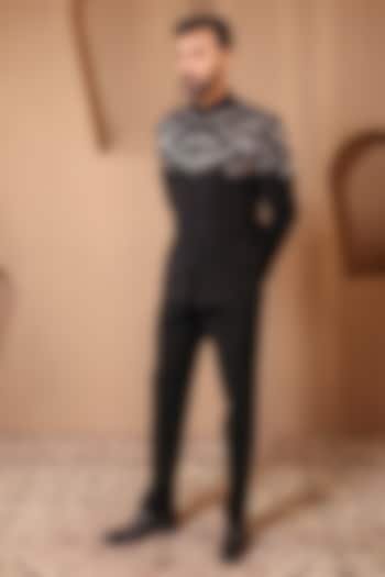 Black Suiting Embroidered Wedding Bandhgala Set by NAMAN AHUJA at Pernia's Pop Up Shop