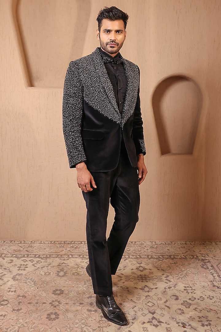 Black Velvet Embroidered Tuxedo Set by NAMAN AHUJA at Pernia's Pop Up Shop
