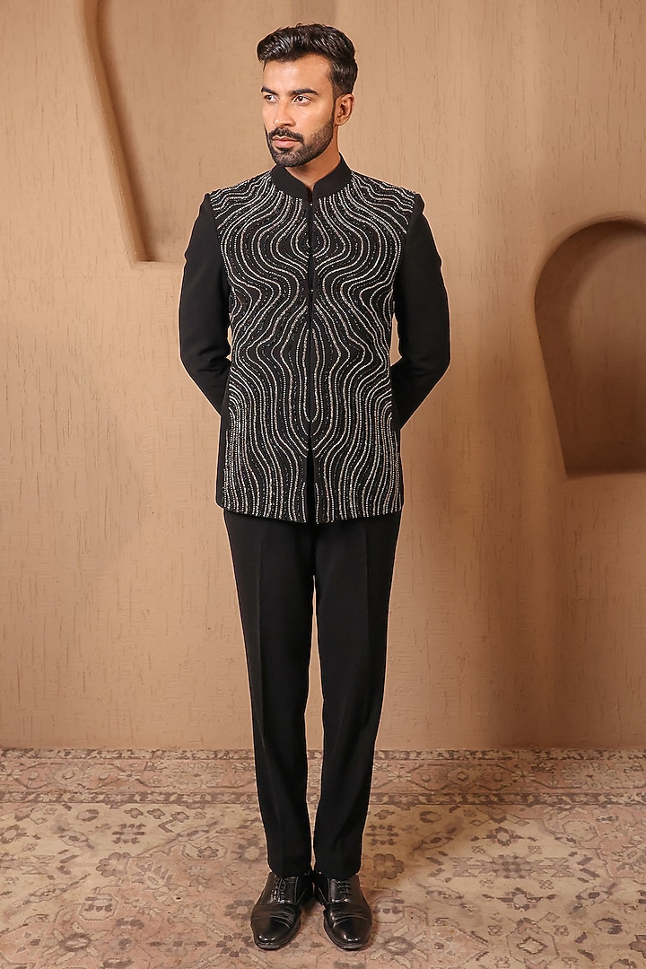 Black Suiting Embroidered Wedding Bandhgala Set by NAMAN AHUJA at Pernia's Pop Up Shop