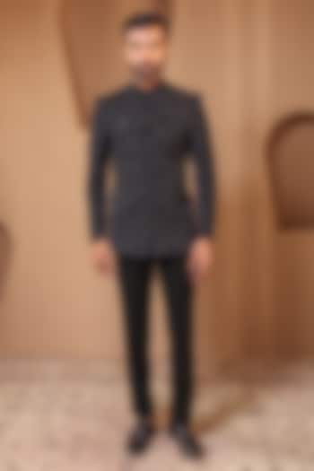 Blue-Black Suiting Embroidered Wedding Bandhgala Set by NAMAN AHUJA at Pernia's Pop Up Shop