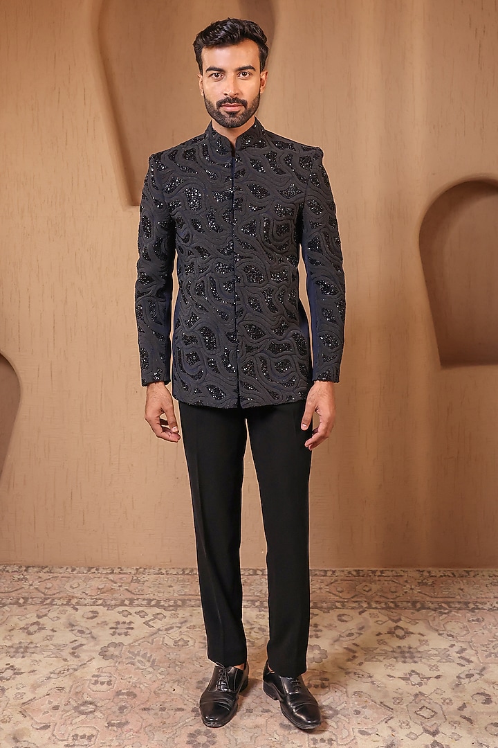 Blue-Black Suiting Embroidered Wedding Bandhgala Set by NAMAN AHUJA at Pernia's Pop Up Shop