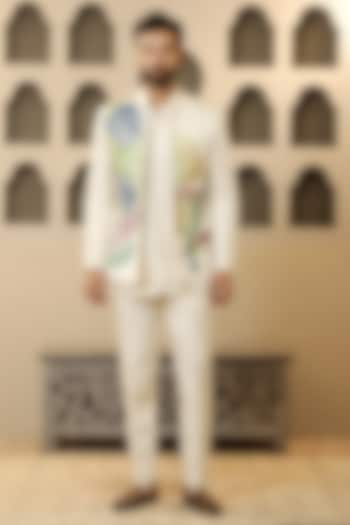 Ivory Linen Silk Handpainted & Embroidered Wedding Bandhgala Set by NAMAN AHUJA at Pernia's Pop Up Shop