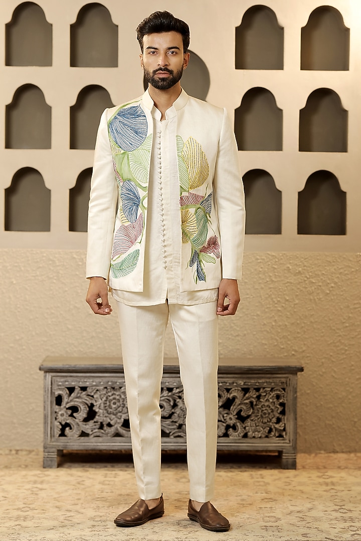 Ivory Linen Silk Handpainted & Embroidered Wedding Bandhgala Set by NAMAN AHUJA at Pernia's Pop Up Shop