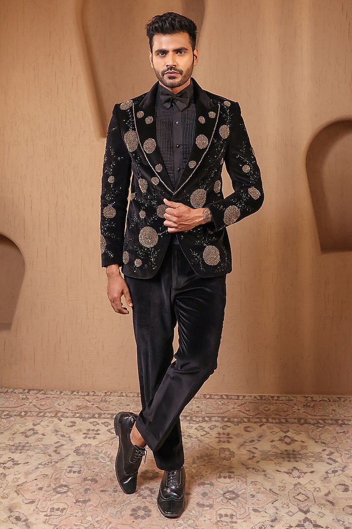 Black Velvet Embroidered Tuxedo Set by NAMAN AHUJA at Pernia's Pop Up Shop