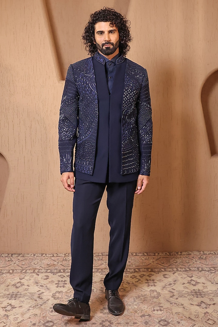 Navy Blue Suiting Embroidered Wedding Bandhgala Set by NAMAN AHUJA at Pernia's Pop Up Shop