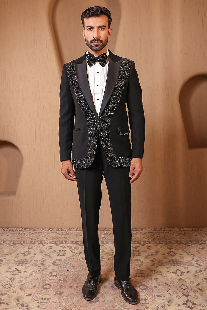 Black Suiting Embroidered Tuxedo Set by NAMAN AHUJA at Pernia's Pop Up Shop