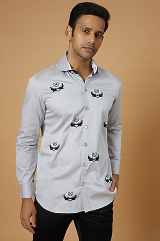 Grey Giza Cotton Hand Embroidered Shirt by NAMAN AHUJA