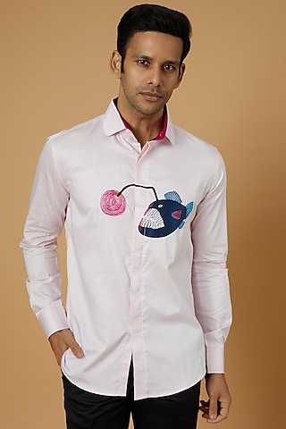 Pink Giza Cotton Hand Embroidered Shirt by NAMAN AHUJA
