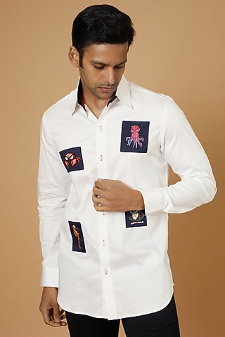 White Giza Cotton Hand Embroidered Shirt by NAMAN AHUJA