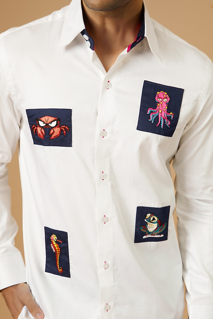 White Giza Cotton Hand Embroidered Party Wear Shirt by NAMAN AHUJA at Pernia's Pop Up Shop