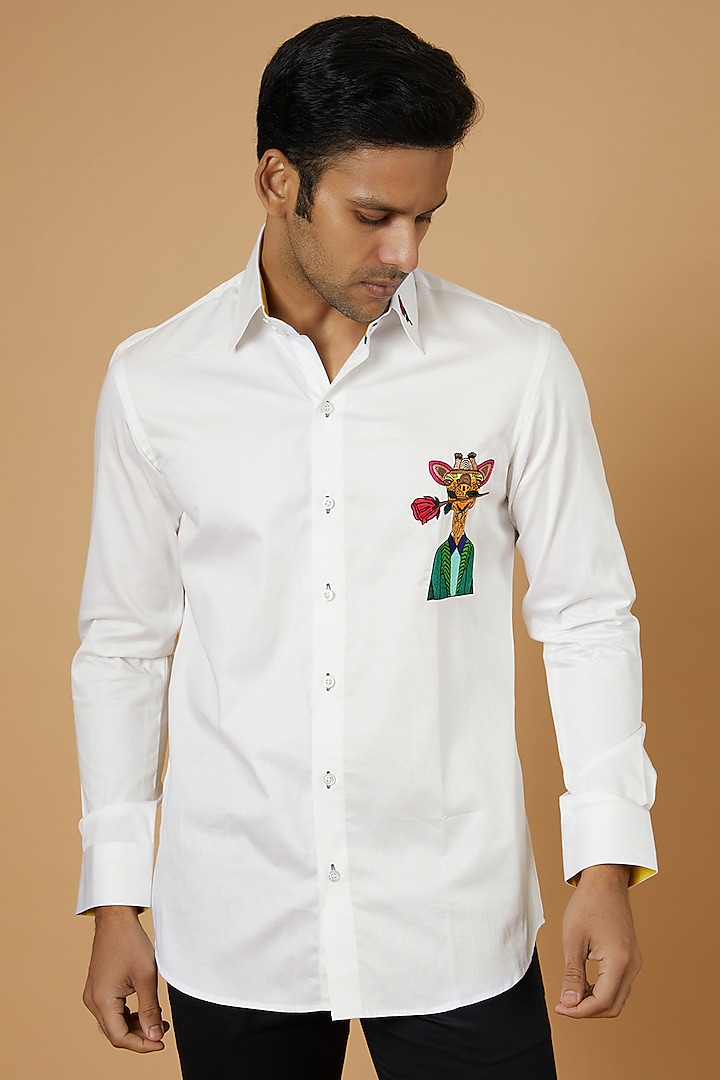White Giza Cotton Hand Embroidered Shirt by NAMAN AHUJA