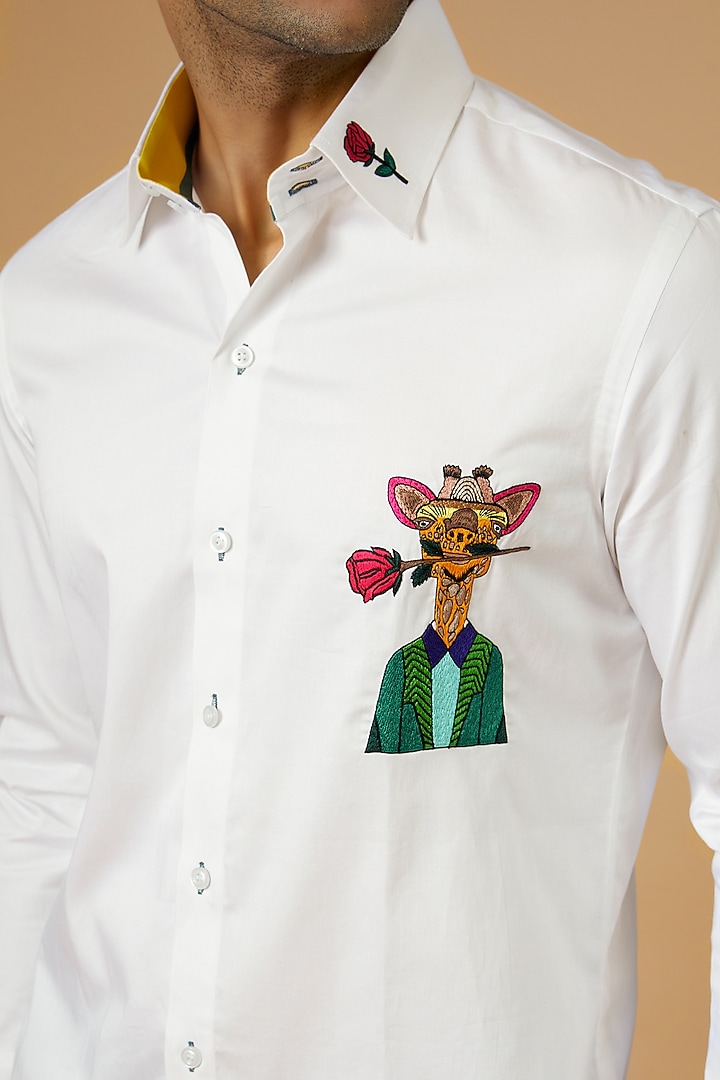 White Giza Cotton Hand Embroidered Party Wear Shirt by NAMAN AHUJA at Pernia's Pop Up Shop