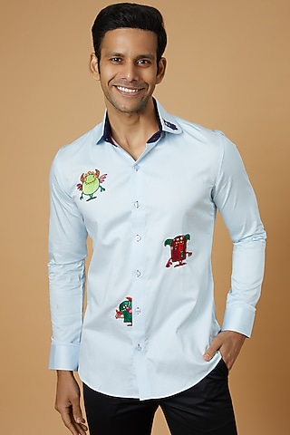 Light Blue Giza Cotton Hand Embroidered Shirt by NAMAN AHUJA