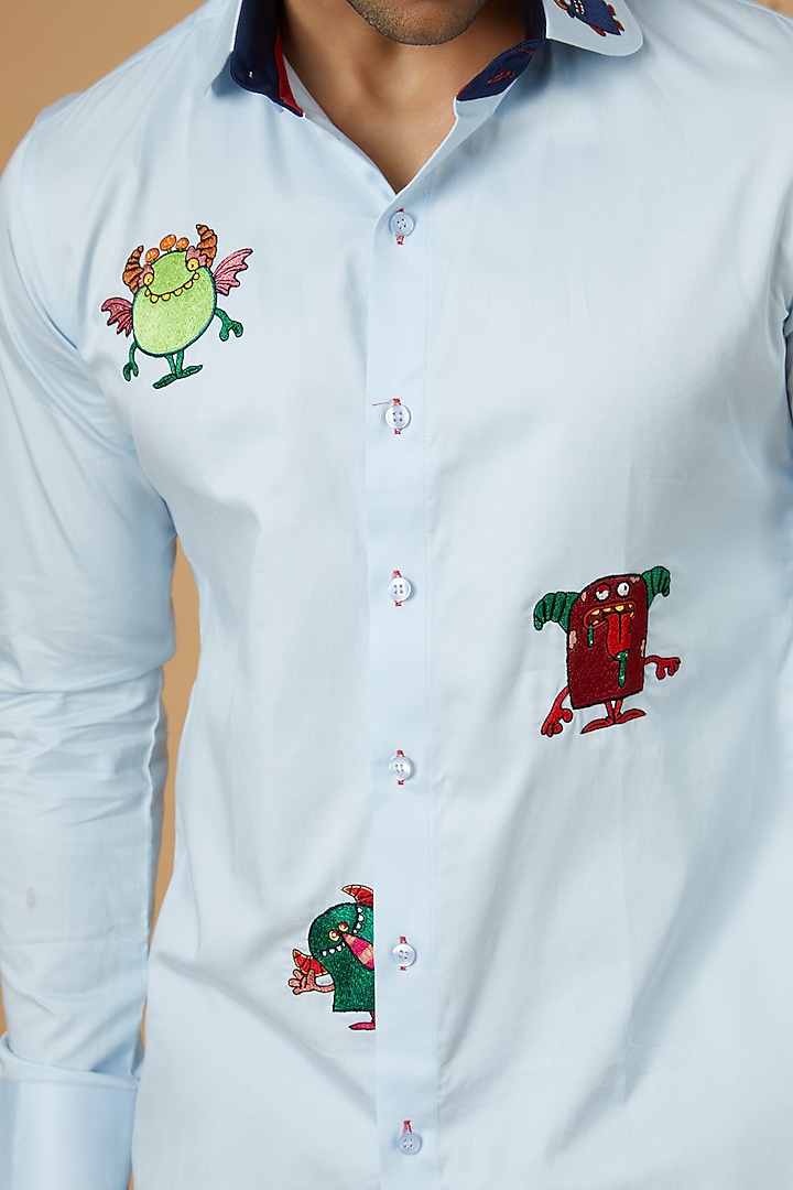 Light Blue Giza Cotton Hand Embroidered Party Wear Shirt by NAMAN AHUJA at Pernia's Pop Up Shop