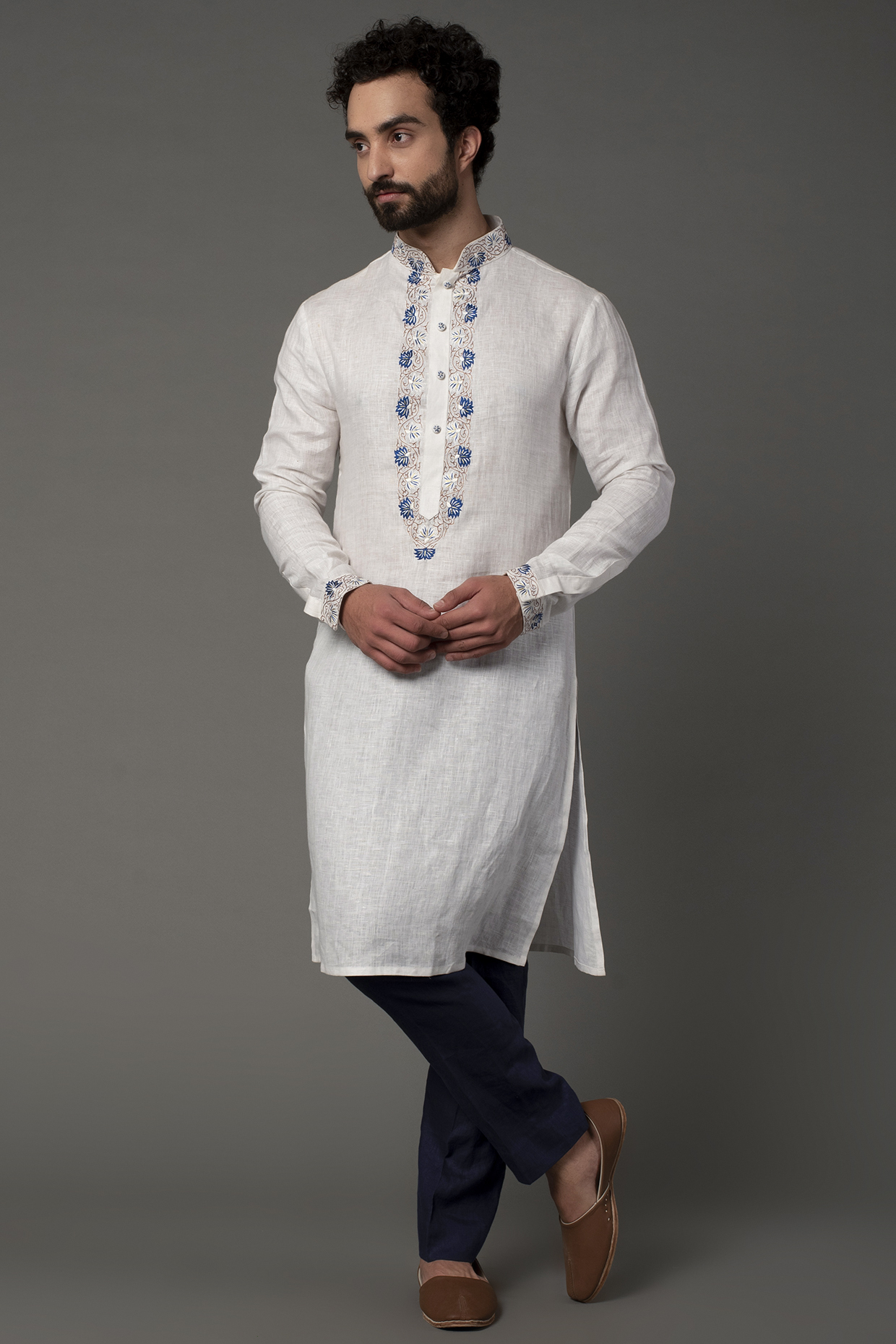 White Embroidered Kurta Set by NAMAN AHUJA