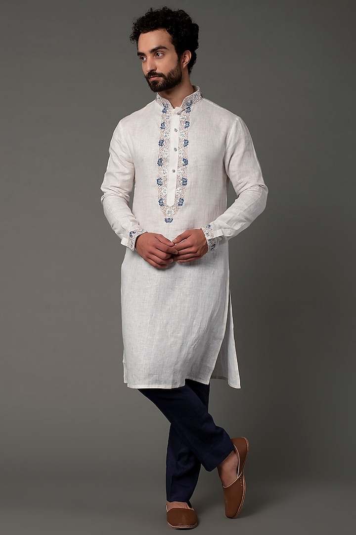 White Embroidered Kurta Set by NAMAN AHUJA