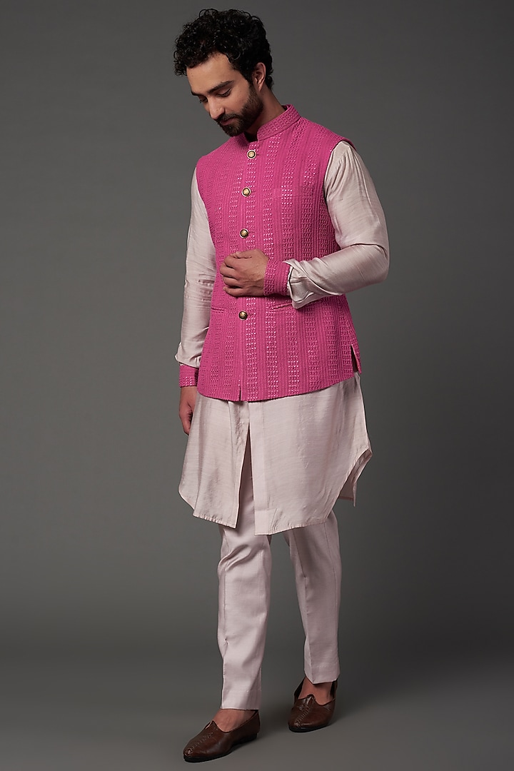 Hot Pink Embroidered Bundi Jacket With Kurta Set by NAMAN AHUJA