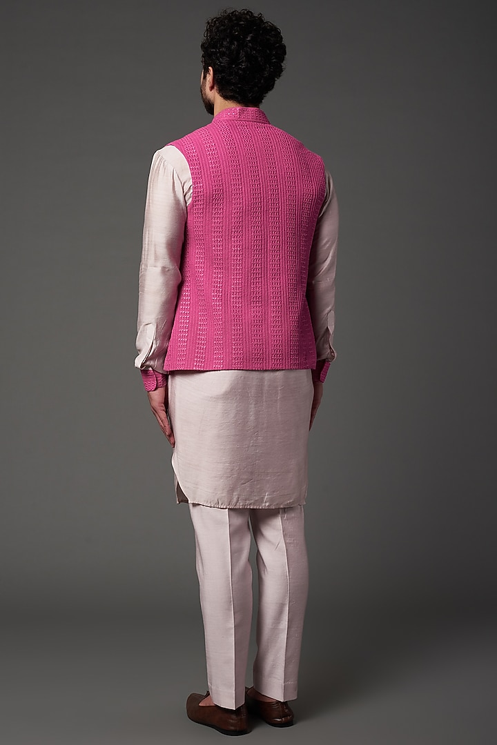 Hot Pink Embroidered Bundi Jacket With Kurta Set by NAMAN AHUJA at Pernia's Pop Up Shop