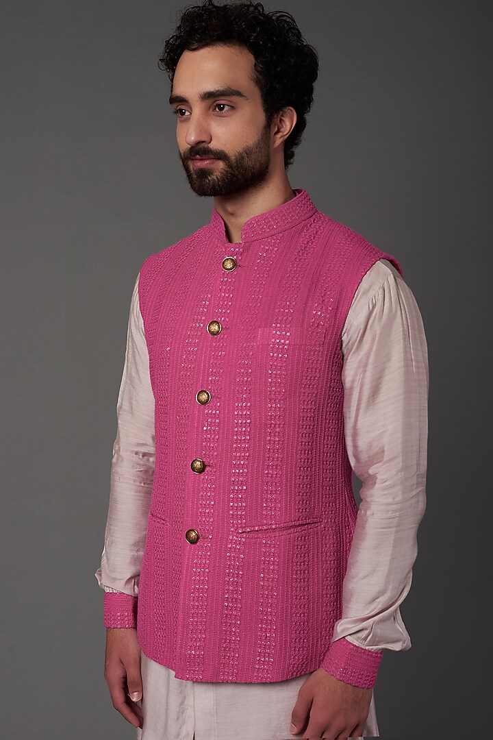 Hot Pink Embroidered Bundi Jacket With Kurta Set by NAMAN AHUJA at Pernia's Pop Up Shop