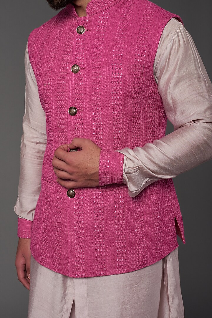 Hot Pink Embroidered Bundi Jacket With Kurta Set by NAMAN AHUJA at Pernia's Pop Up Shop