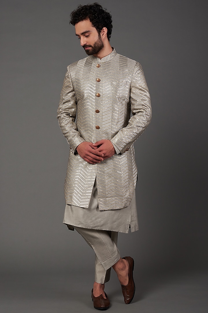 Light Grey Embroidered Indo-Western Set by NAMAN AHUJA