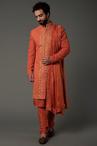 Rust Silk Embroidered Sherwani Set by NAMAN AHUJA