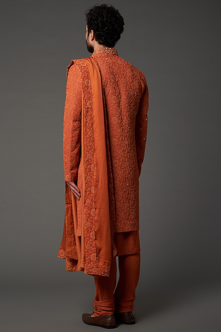 Rust Silk Embroidered Wedding Sherwani Set by NAMAN AHUJA at Pernia's Pop Up Shop