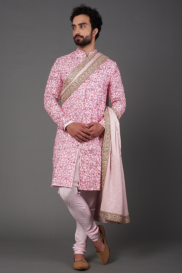 Light Pink Embroidered Sherwani Set by NAMAN AHUJA